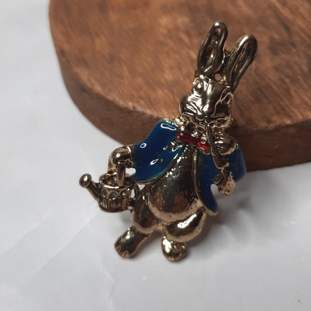Rabbit Brooch Gold Tone Blue Jacket Red Bow Tie